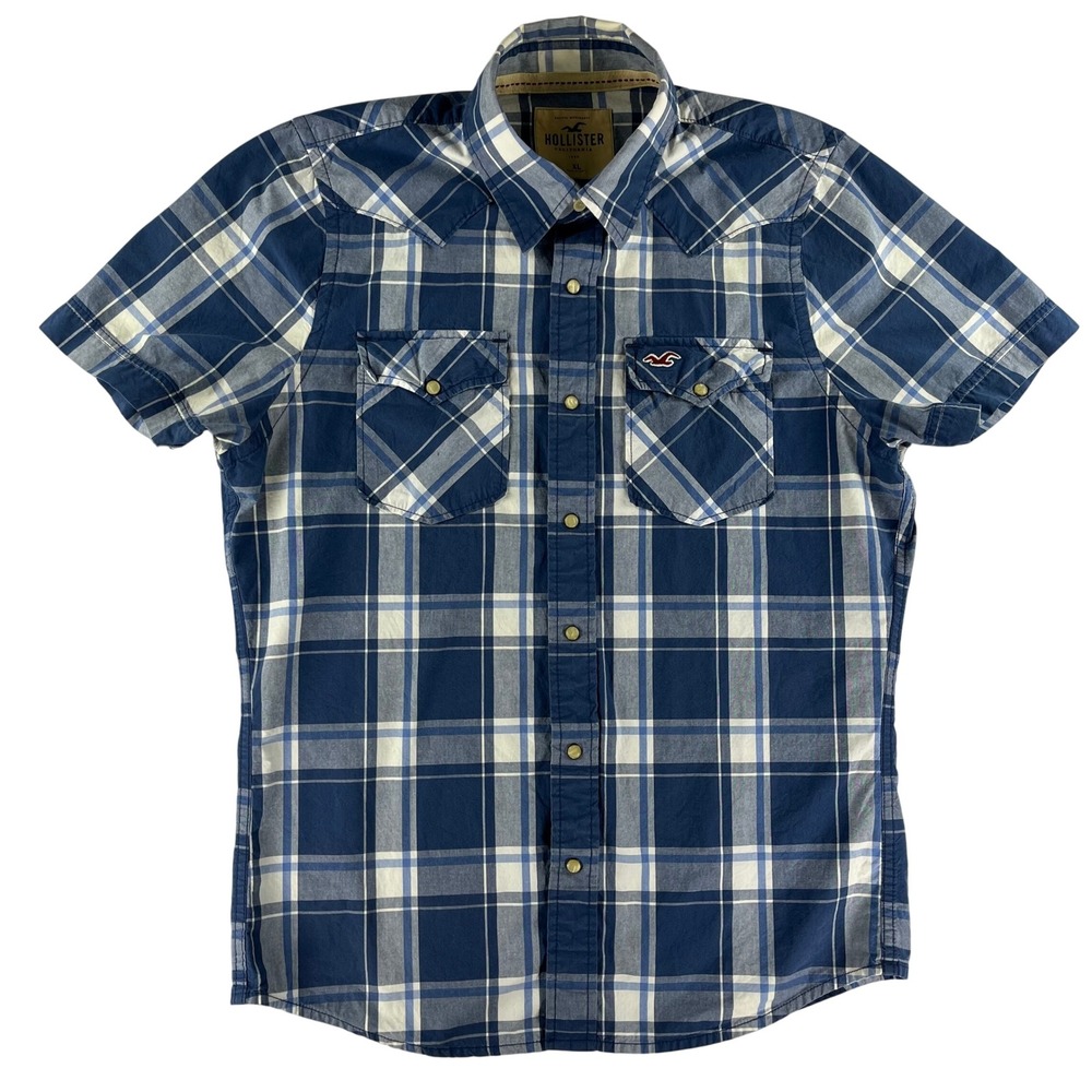 Hollister Western Snap Shirt Mens XL Blue Plaid Pearl Snap Cowboy 100% Cotton